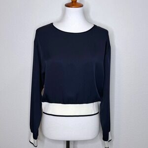 THEORY Delpy‎ Silk Top MED DK Navy Blue Cream Ribbing Office Casual Lightweight